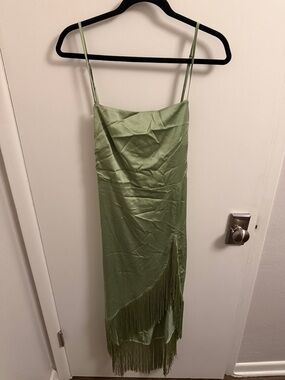 12th Tribe Light Green Fringe Slip Midi Dress